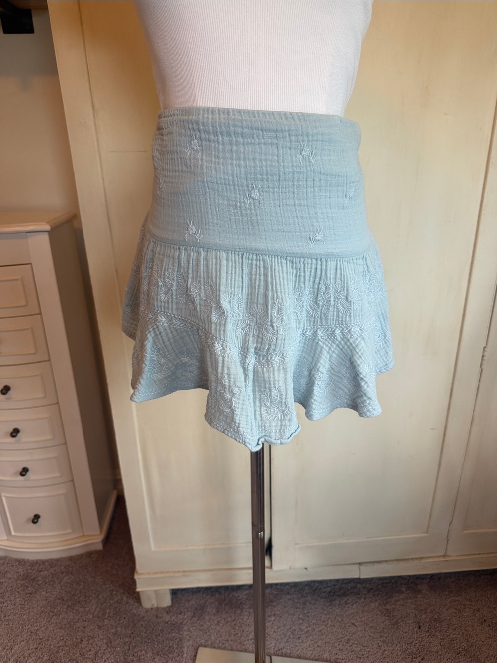 American Eagle Outfitters Pale Blue Embroidered Ruffle Mini Skirt